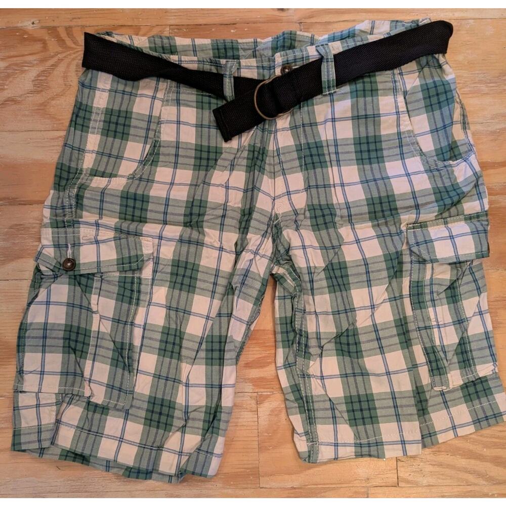 WXY Plaid Cotton Cargo Shorts Men's Size 34 Green/White Black Belt